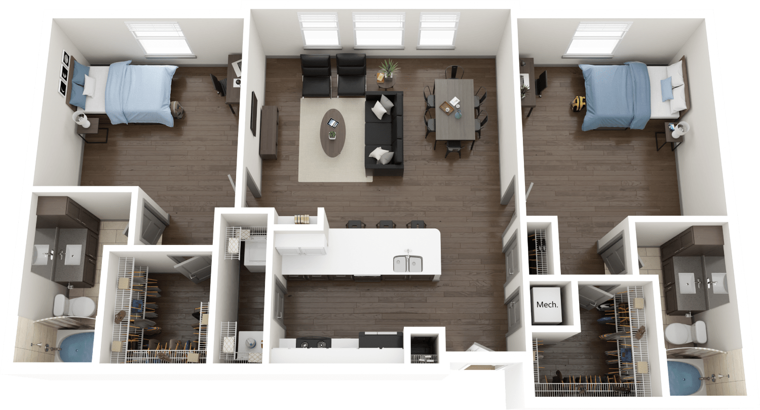 Single Occupancy B2 Floor Plan, 2 Bed 2 Bath