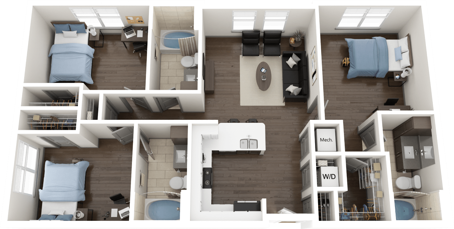 Single Occupancy C4 Floor Plan, 2 Bed 2 Bath