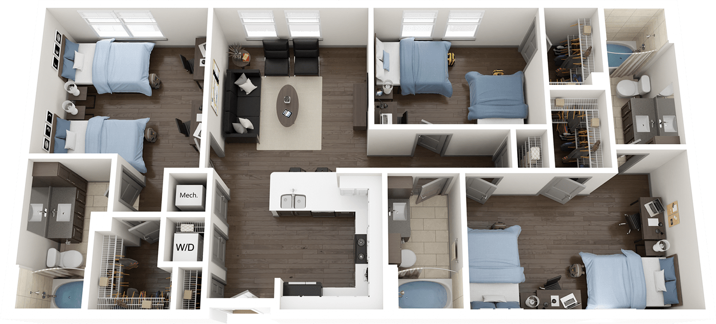 Double Occupancy C2 Floor Plan, 2 Bed 2 Bath