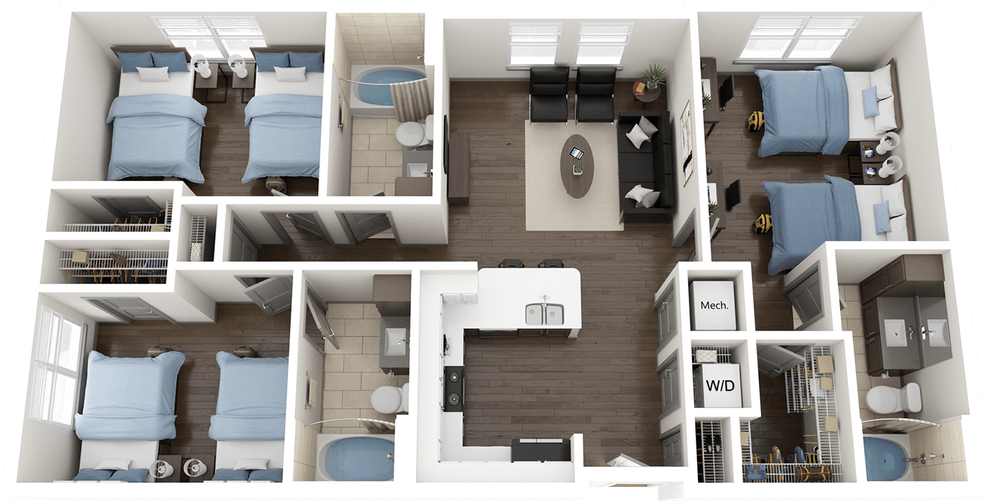 Double Occupancy C4 Floor Plan, 2 Bed 2 Bath