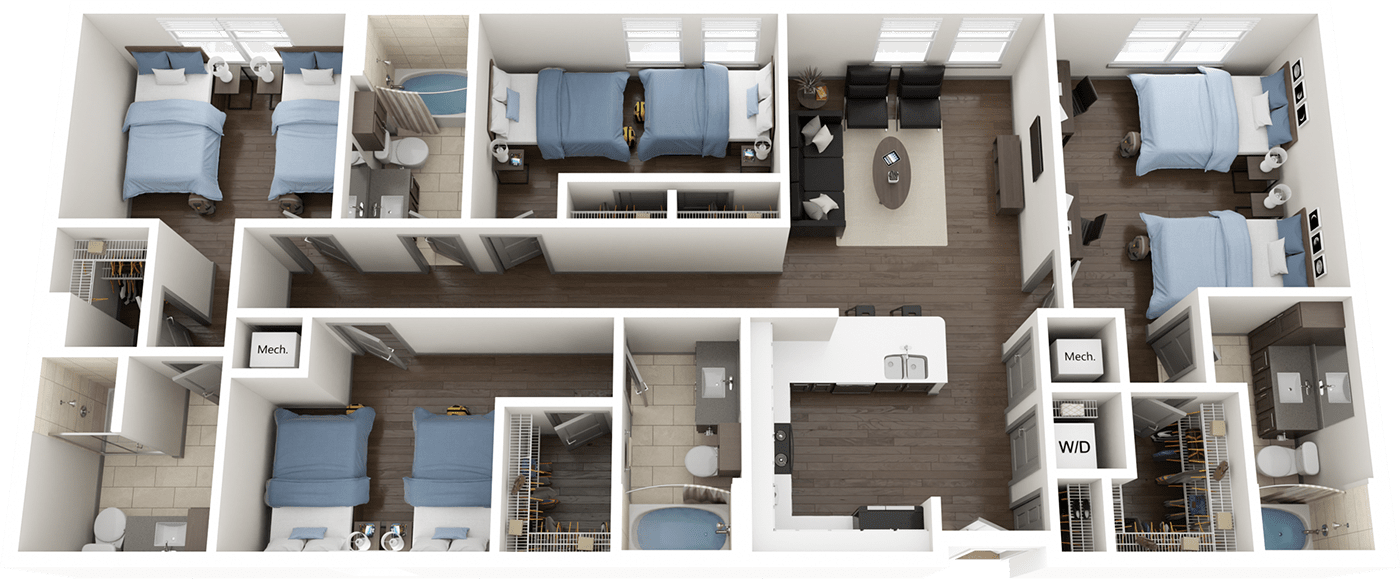 Double Occupancy D1 Floor Plan, 4 Bed 4 Bath